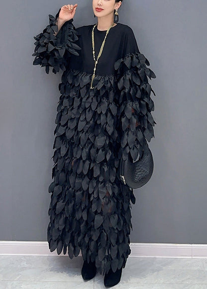 Black O Neck Patchwork Cotton Long Dress Spring