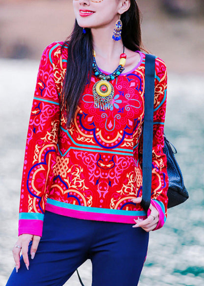 Vogue Red O-neck Print Top Long Sleeve