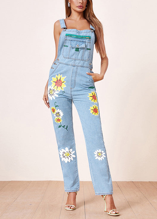 Light Blue Print Pockets High Waist Denim Jumpsuits Sleeveless