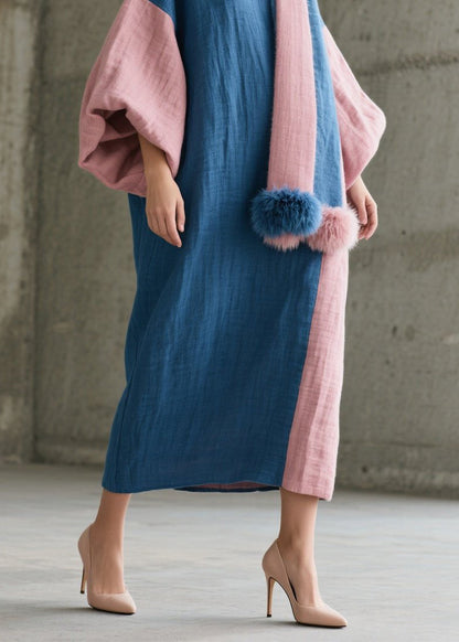 Colorblock O Neck Patchwork Cotton Robe Dresses Fall