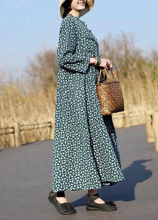 Unique Stand Collar Patchwork Spring Tunics Lnspiration Green Print Maxi Dresses