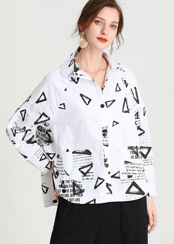 White Loose Print Fall Cotton Long Sleeve Shirt Top