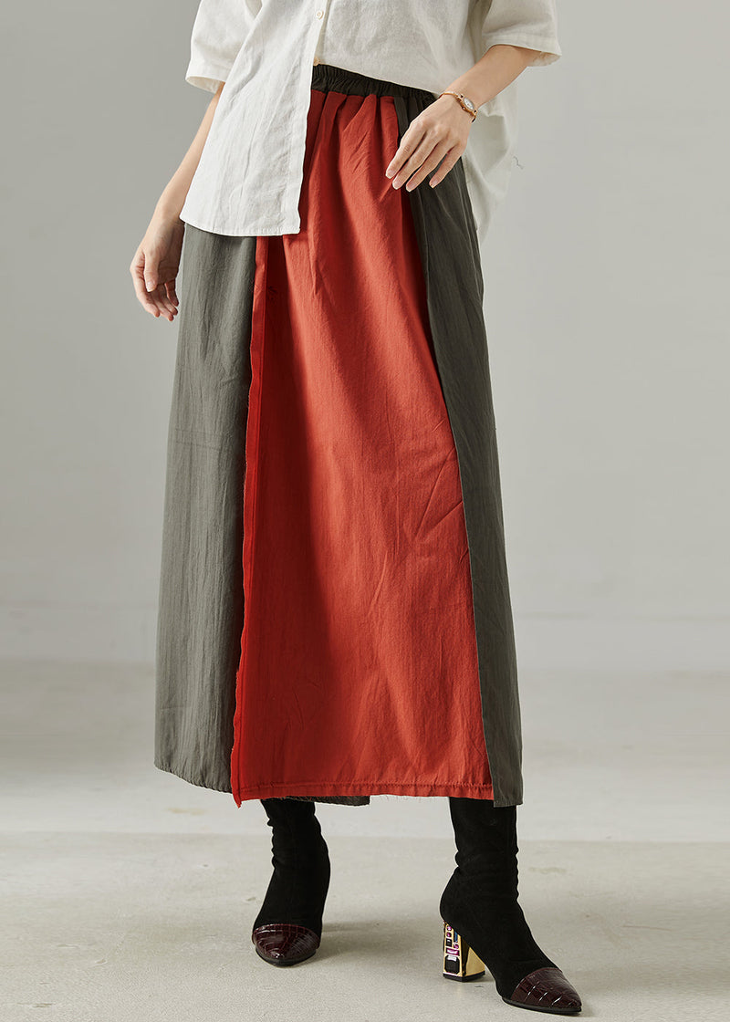 Red Elastic Waist Patchwork Cotton Skirts Spring