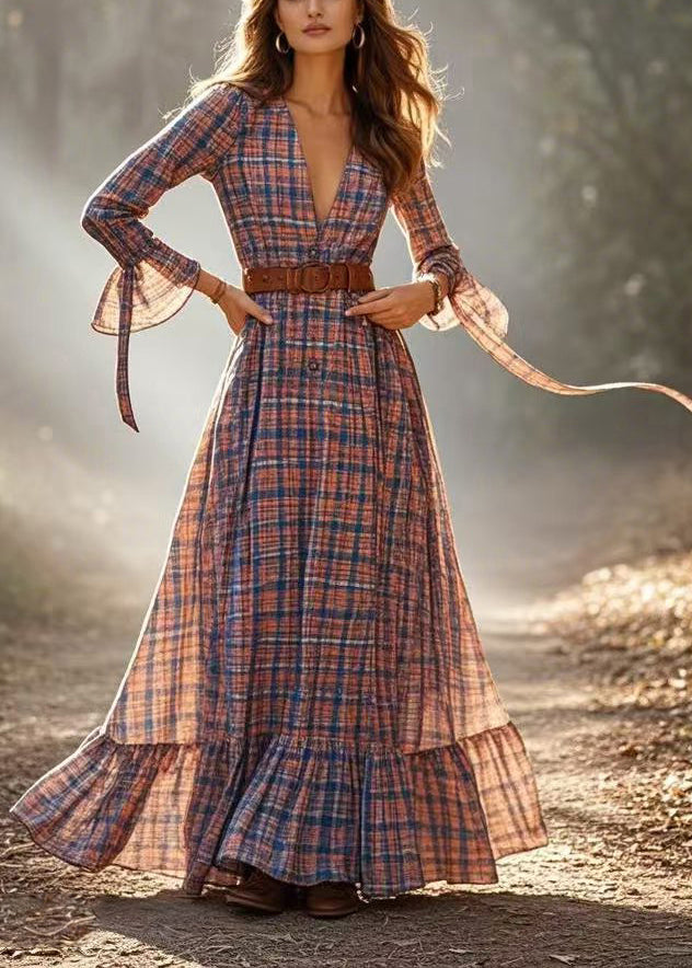 Cinched Plaid Cotton a Line Dress Spring