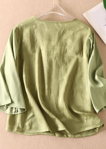Green Chinese Jacquard Button Patchwork Silk Shirt Bracelet Sleeve