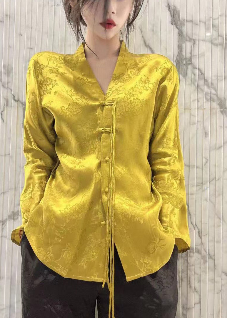 Chinese Style Yellow V Neck Jacquard Silk Shirt Tops Long Sleeve