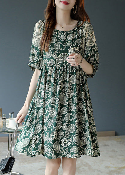 Green O-neck Print Chiffon Mid Dress Summer