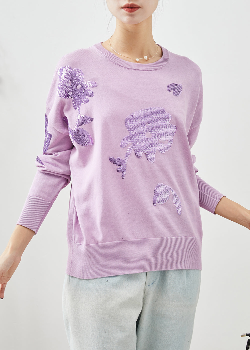 Organic Purple Sequins O-neck Knit Sweater Winter