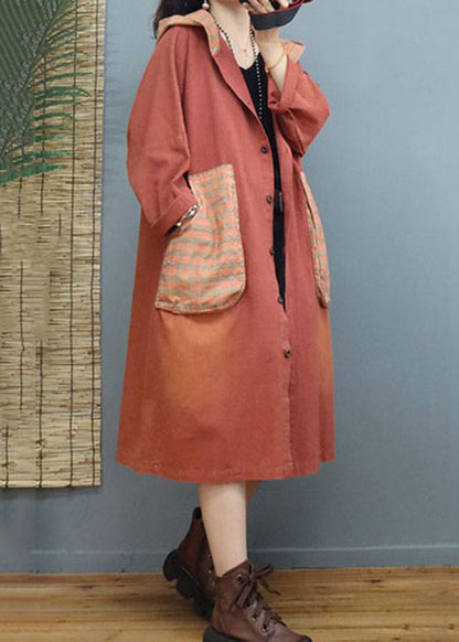 Orange Hooded Pockets Patchwork Cotton Coats Fall