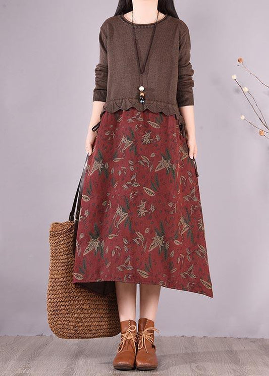 Chocolate Patchwork Print Clothes O Neck Loose Spring Dress