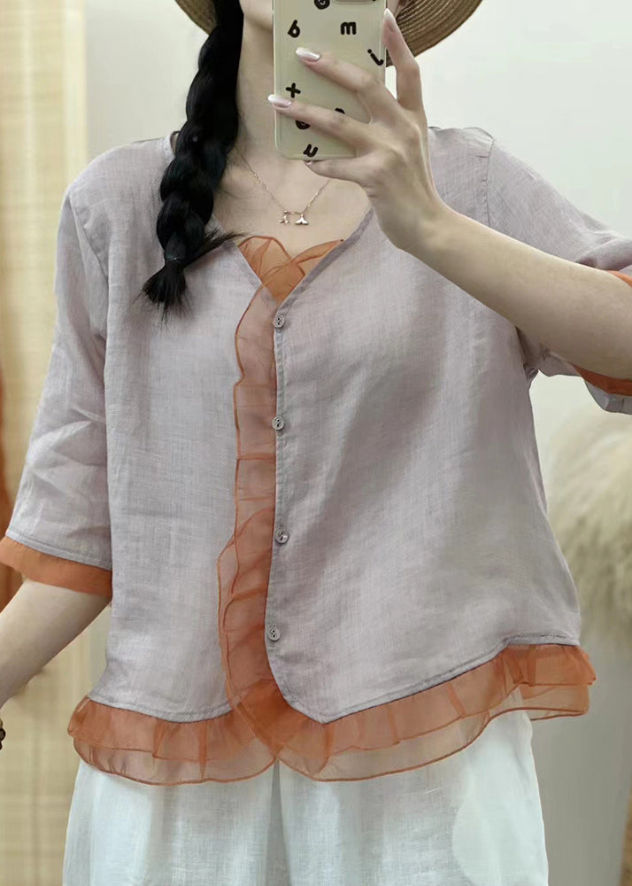 Blackish Green V Neck Organza Patchwork Button Ramie Shirt Fall