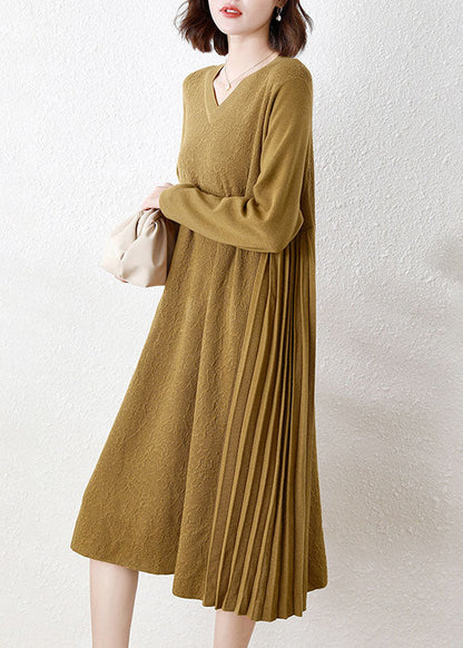 Yellow V Neck Patchwork Wrinkled Woolen Long Knit Dress Long Sleeve
