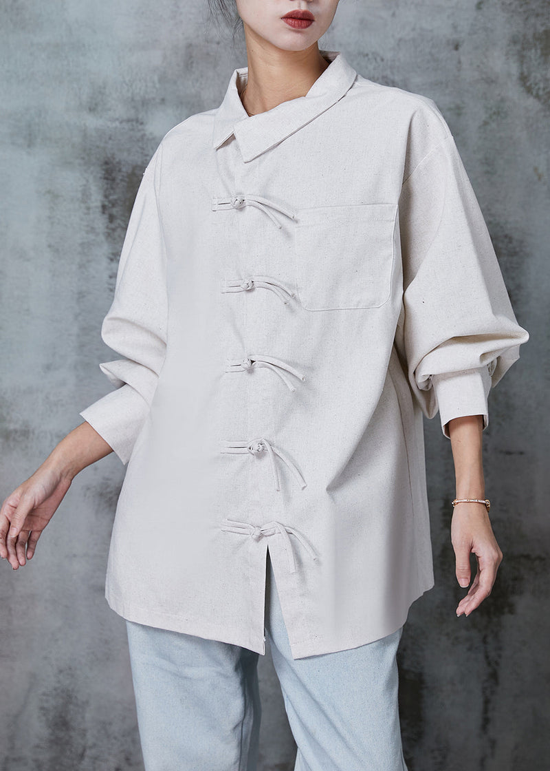 Beige Oversized Chinese Button Cotton Shirt Top Spring