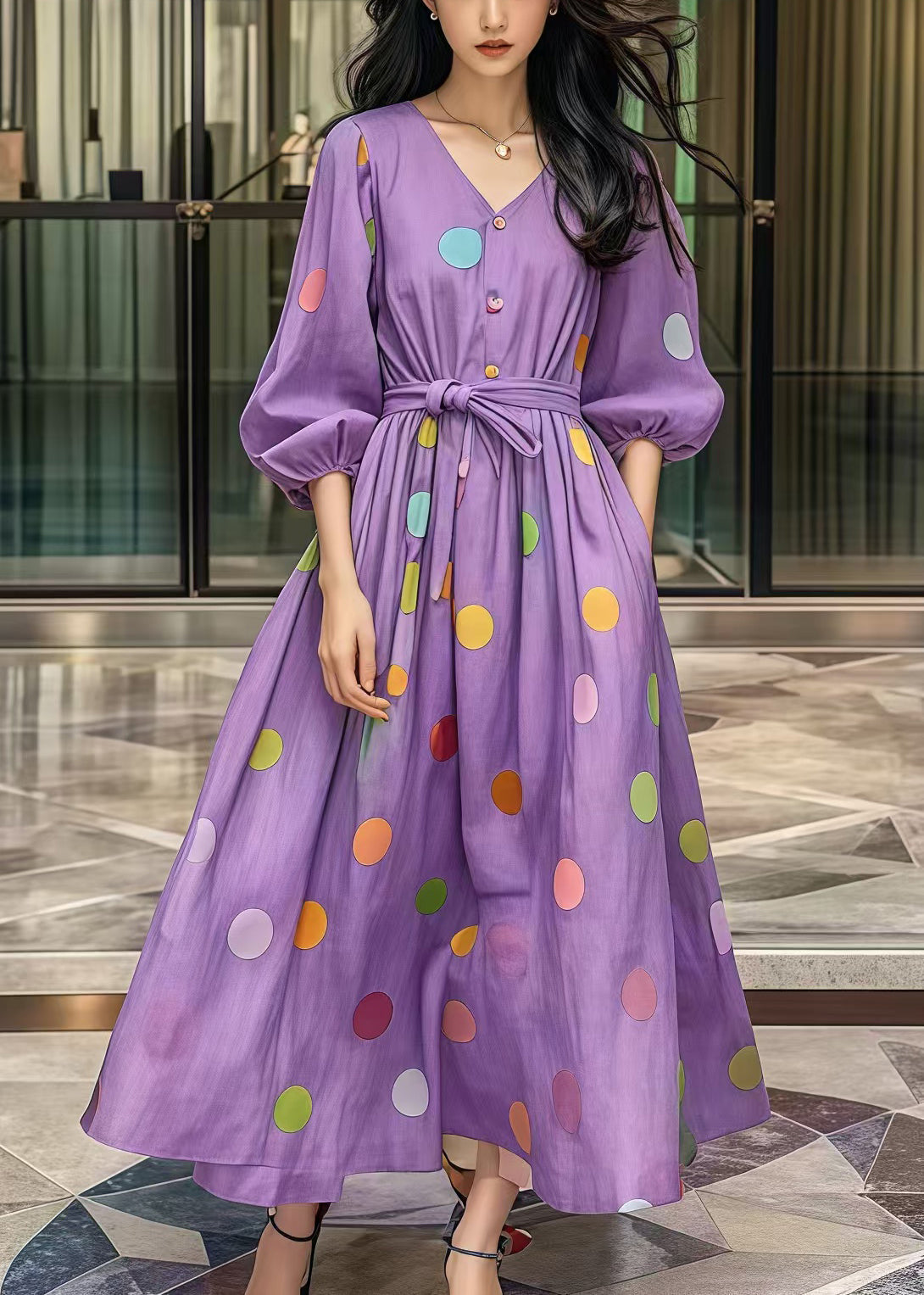 Purple Tie Waist Print Cotton Robe Dresses Fall
