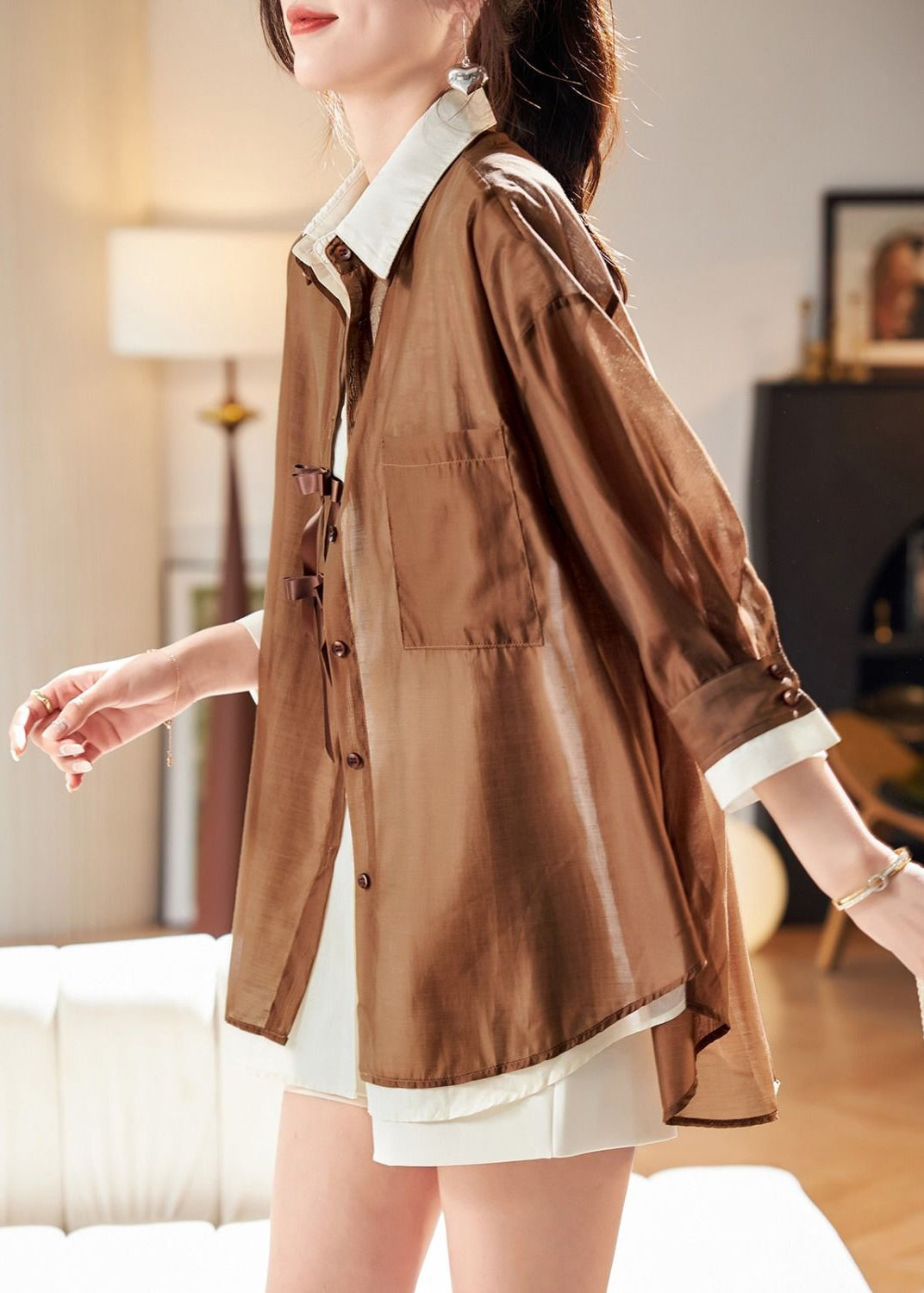 Style Coffee False Two Pieces Patchwork Chiffon Top Fall