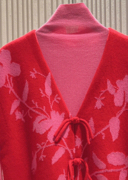 Loose Red Button Patchwork Tops and Waistcoat Knit Two Pieces Set Fall