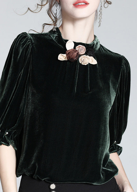 Blackish Green Stand Collar Silk Velour Top Short Sleeve