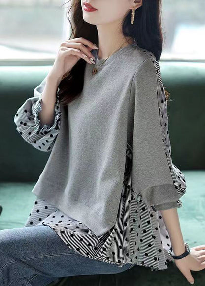 Grey O Neck False Two Pieces Patchwork Cotton Top Fall