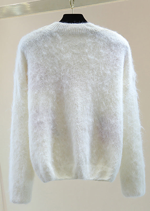 Organic White Embroidered Nail Bead Cotton Knit Sweaterswinter
