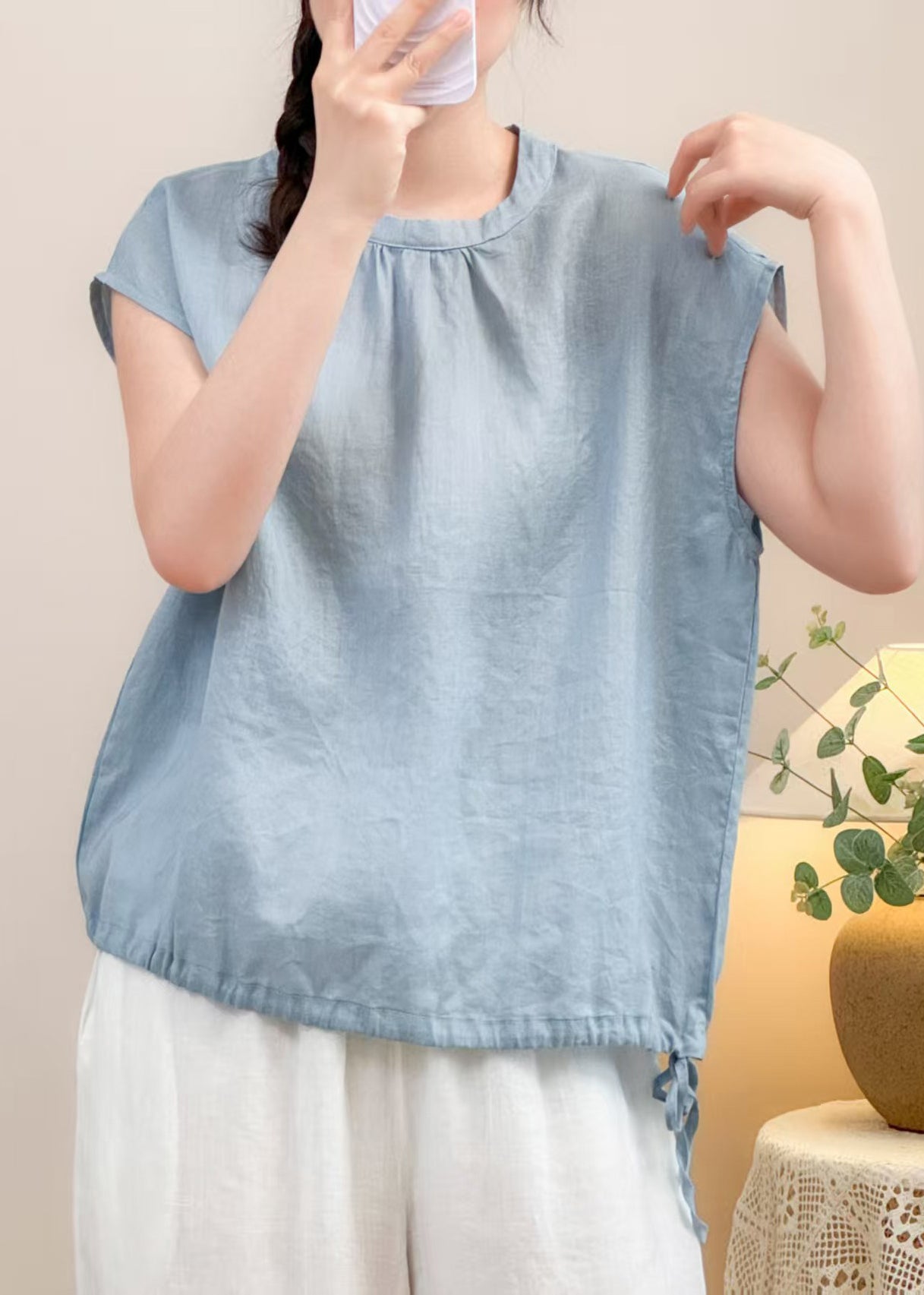 Blue Button Lace Up Linen Shirts Summer