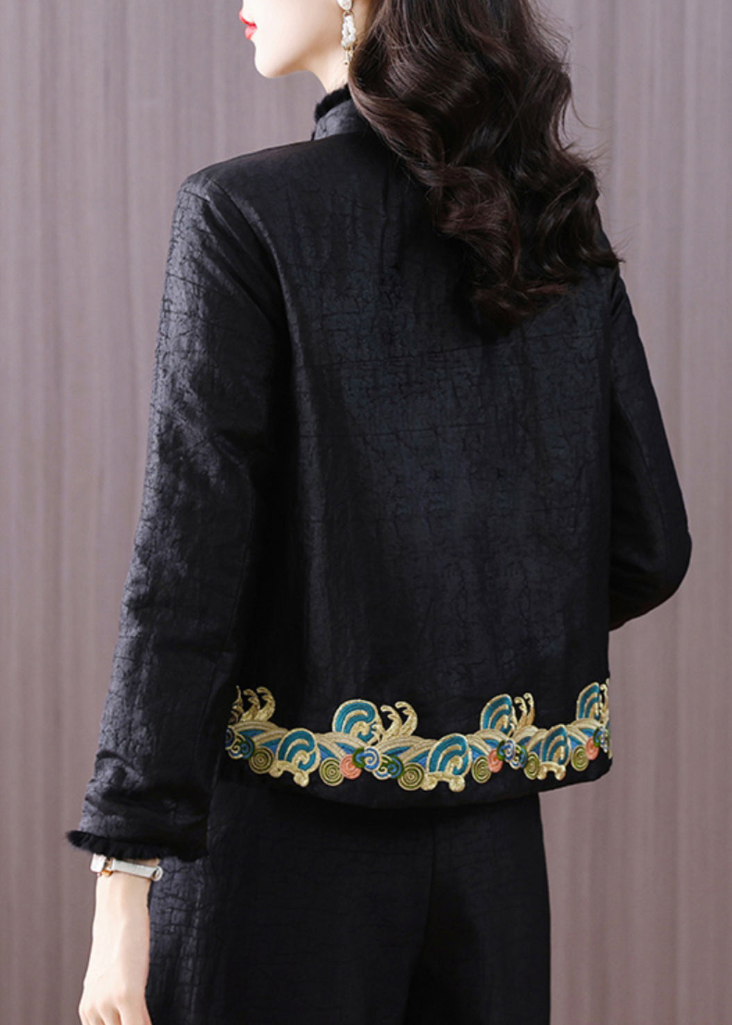 Handmade Black Embroideried Fine Cotton Filled Jacket Winter