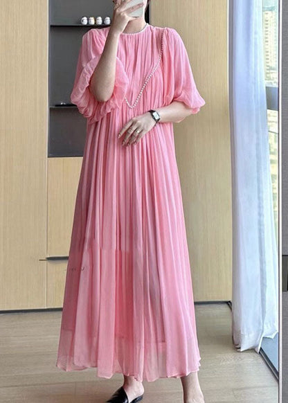 Pink O-neck Wrinkled Nail Bead Long Traveling Dresses Spring