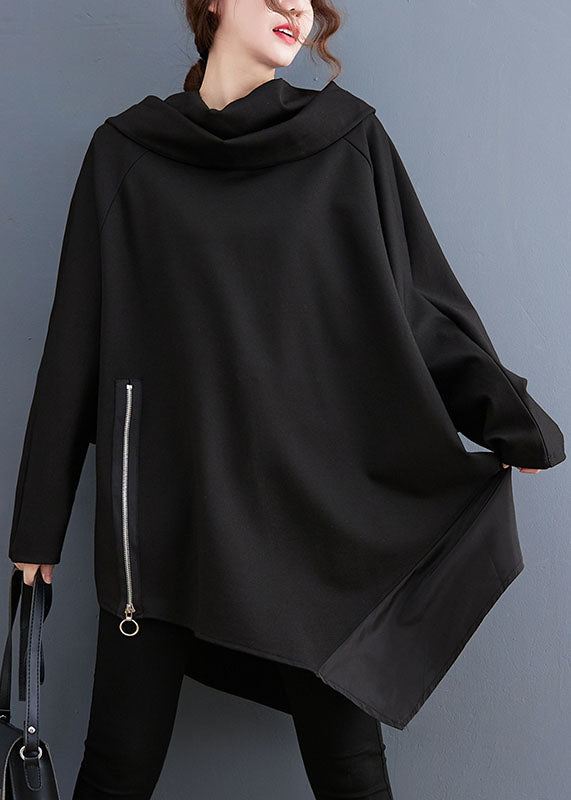 Black Turtle Neck Asymmetrical Patchwork Sweatshirts Fall