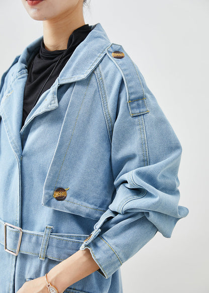 Italian Light Blue Notched Tie Waist Denim Trench Coat Spring