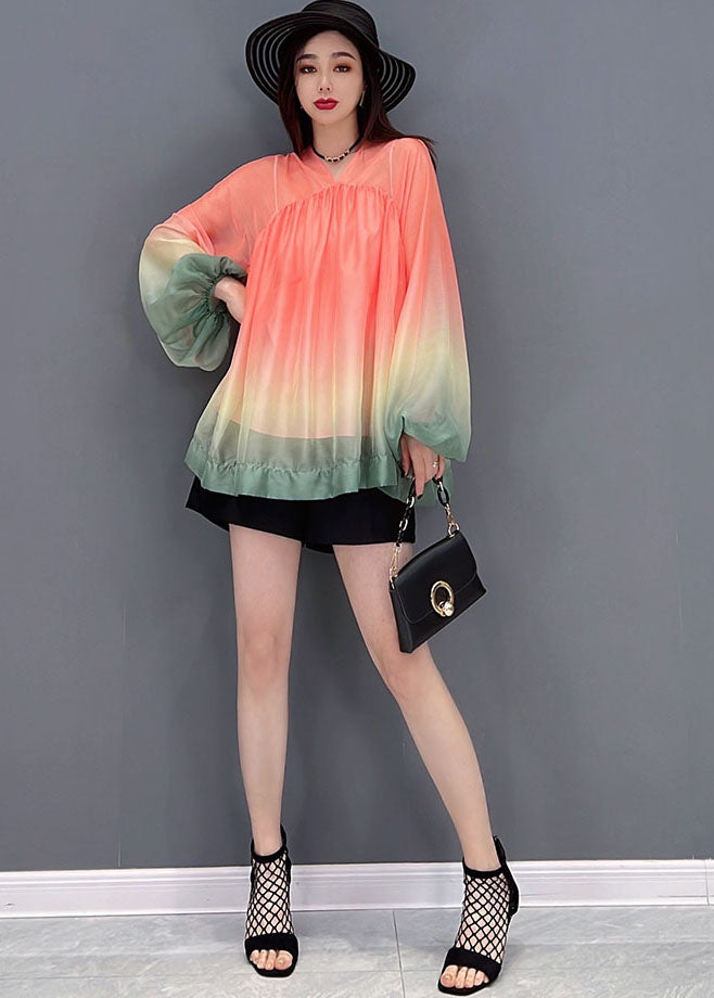 Unique Red Gradient Color V Neck Wrinkled Tulle Top Lantern Sleeve