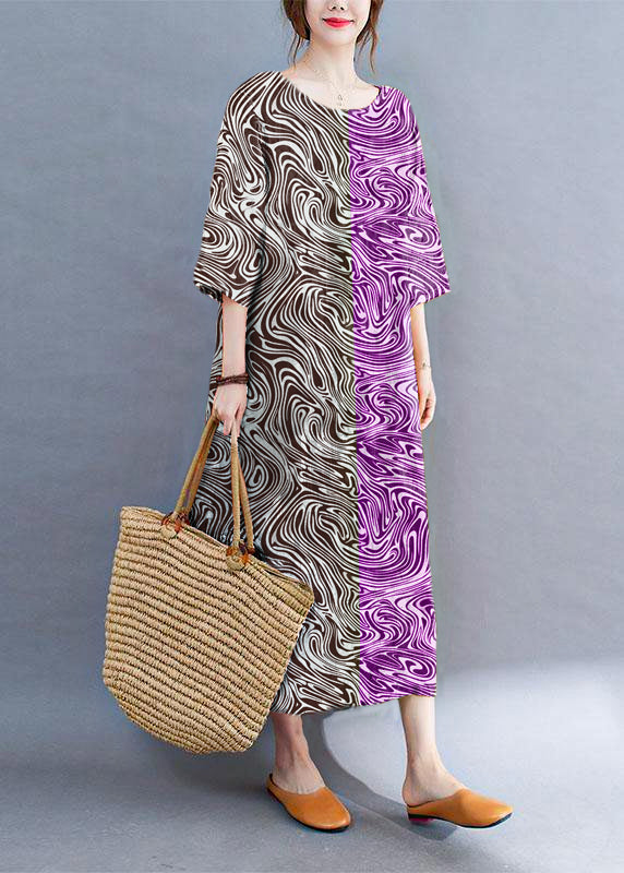 Purple Block Loose O-neck Print Summer Side Open Dress Half Sleeve