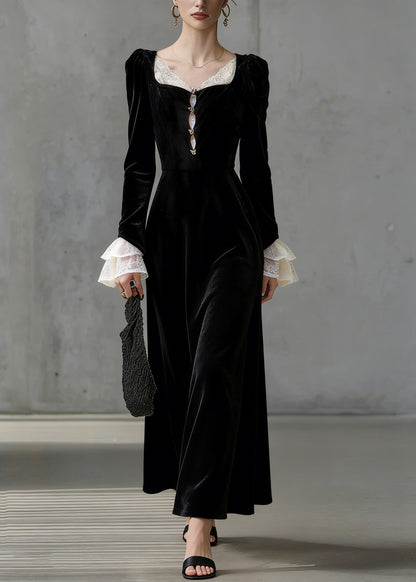 French Black Square Collar Lace Patchwork Silk Velvet Long Dress Flare Sleeve