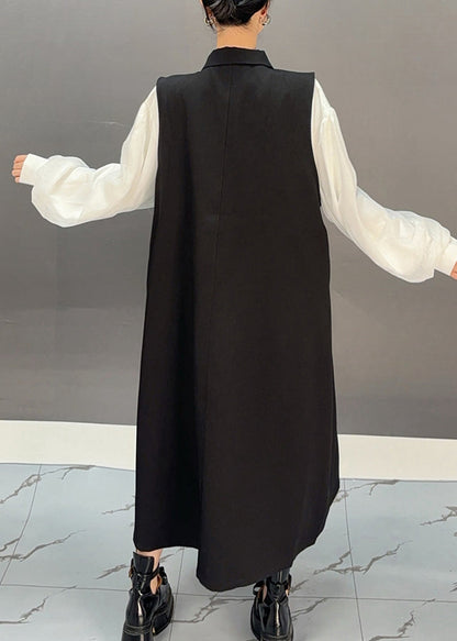Black Zippered Patchwork Hollow Out Long Waistcoat Dress Spring