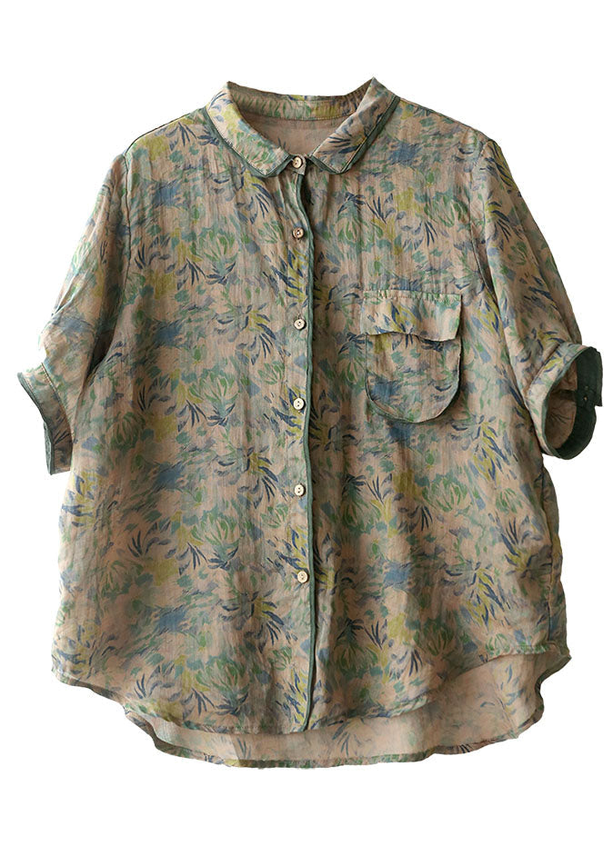 Green Peter Pan Collar Print Pocket Linen Shirt Top Short Sleeve