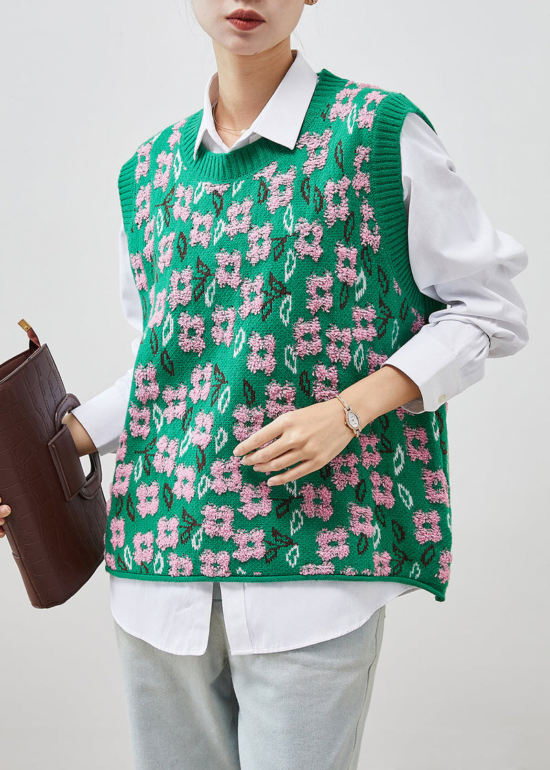 Green Jacquard Chunky Knit Vests Winter