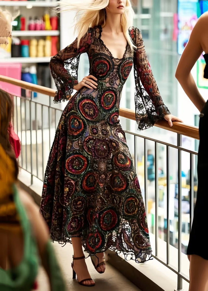 Black Print Hollow Out Lace Dinner Dresses Summer