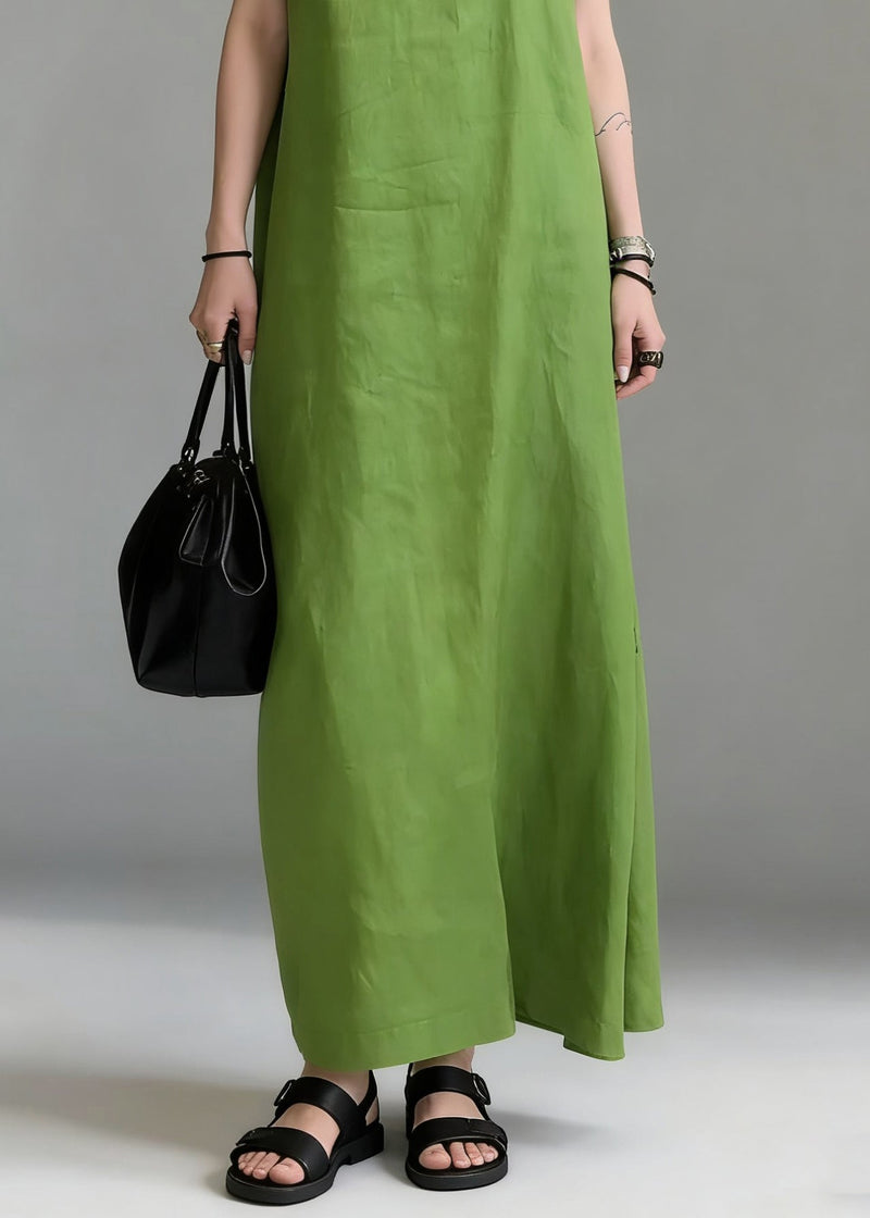 Simple Green Ruffled Cotton Long Dress Sleeveless