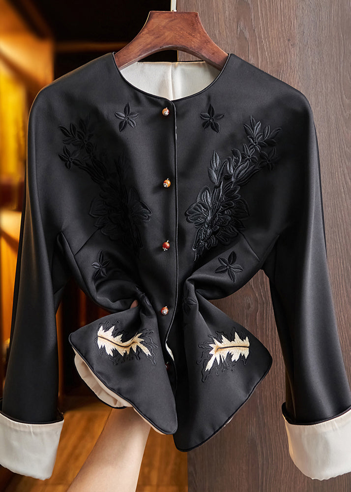 Boutique Black O-neck Embroideried Patchwork Silk Coats Fall