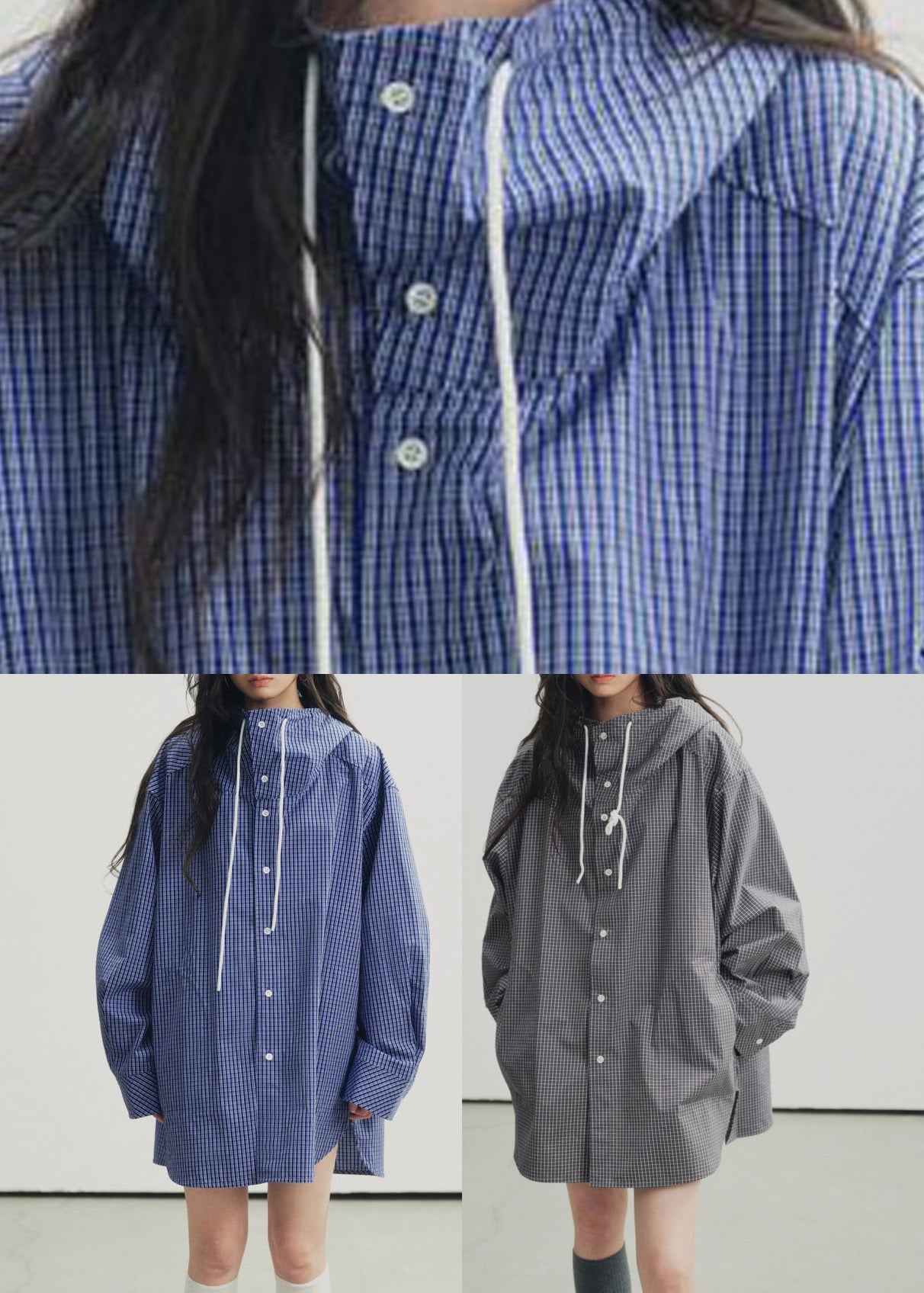 Blue Plaid Drawstring Button Hooded Shirt Lantern Sleeve