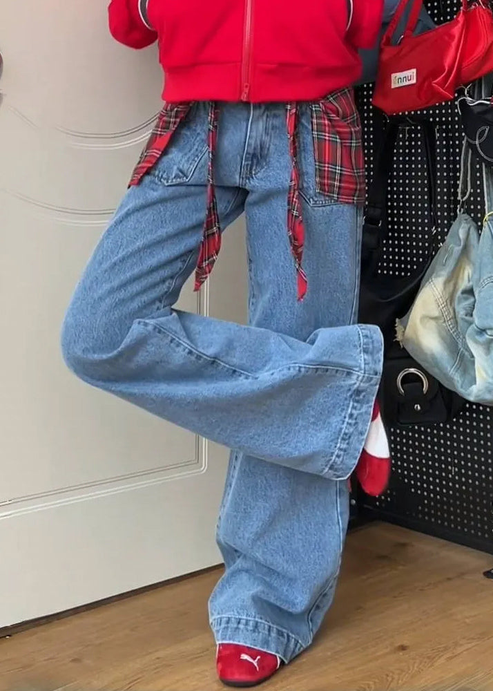 Blue Pockets False Two Pieces Patchwork Denim Pants Fall