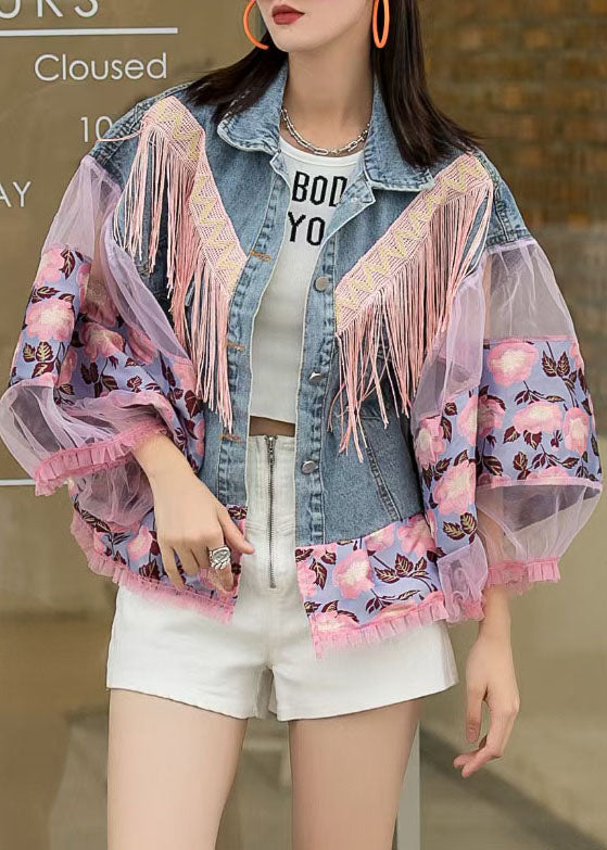 Loose Blue Tasseled Embroideried Ruffled Patchwork Denim Coat Lantern Sleeve Spring