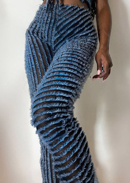 Blue Striped Fluffy High Waist Knit Flared Trousers Spring