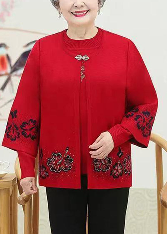 Red O-neck Zircon Cotton Knit Coats and Sweaters Two Pieces Set Fall