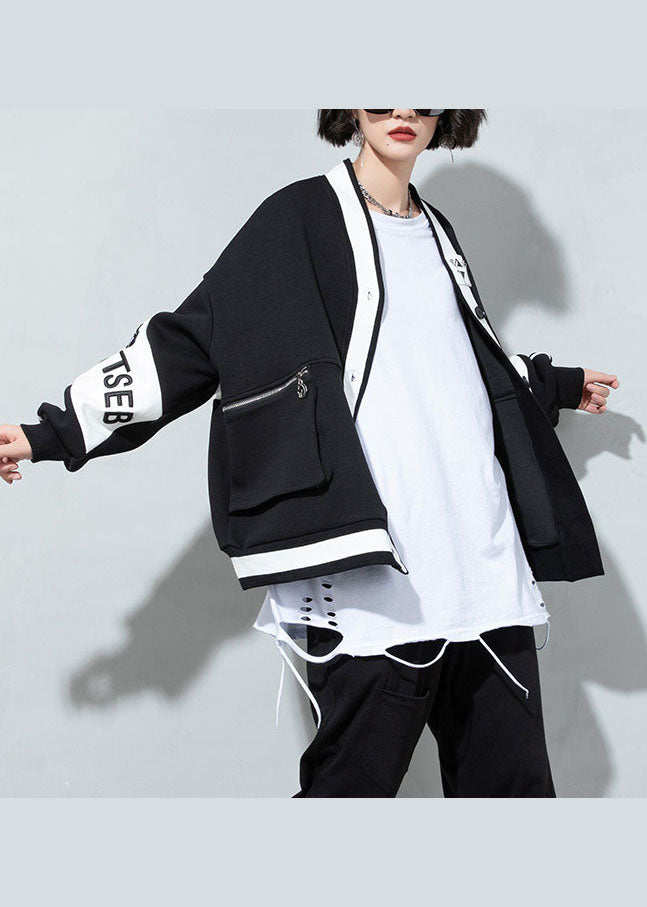 Black V Neck Patchwork Button Coat Spring