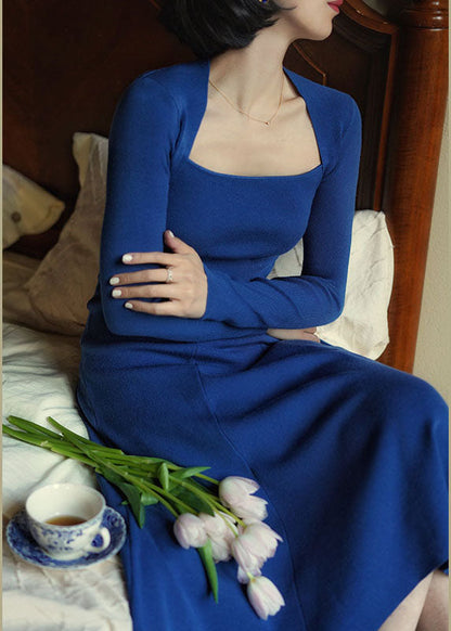 Blue Knit a Line Dress Square Collar Exra Large Hem Spring