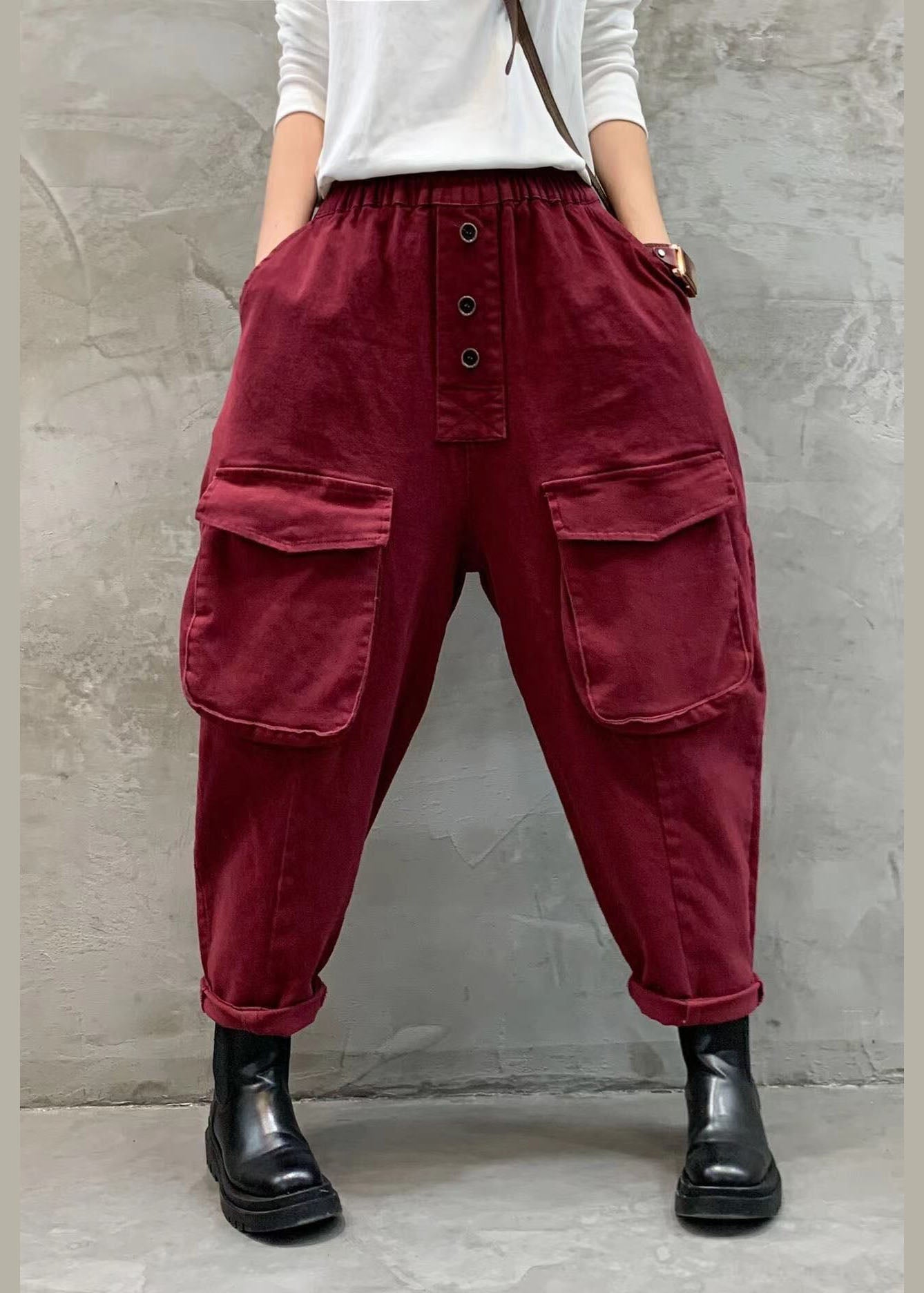 Red Elastic Waist Button Pockets Harem Pants Spring