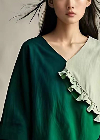 Beige V Neck Ruffled Cotton Tops Bracelet Sleeve