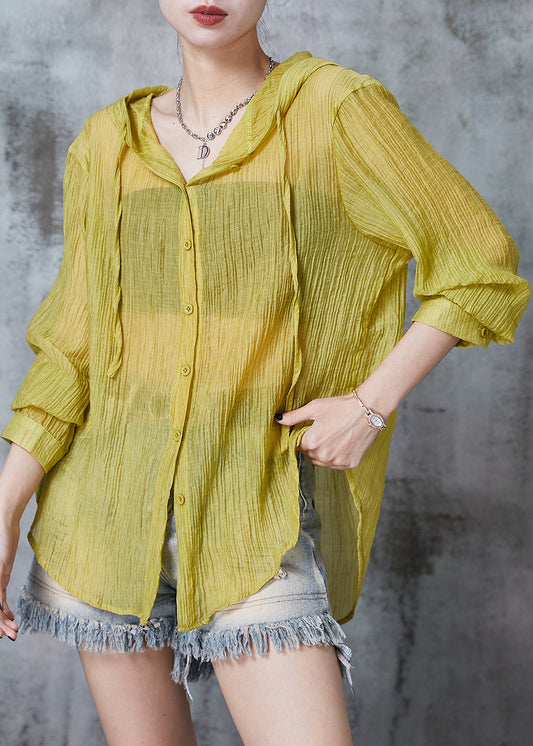 Grass Green Hooded Wrinkled Cotton Blouses Summer