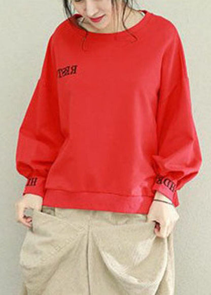 Diy Red O-neck Low High Design Cotton Pullover Street Wear Spring