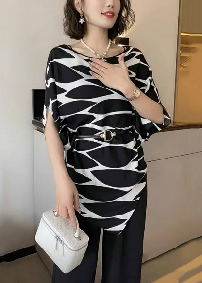 French Black Print Sashes Cotton Shirts Asymmetrical Batwing Sleeve