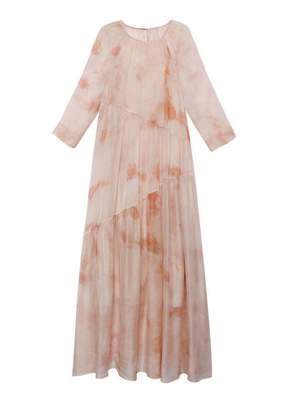 Boutique Pink O-neck Print Patchwork Silk Dresses Summer